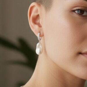 Sterling Silver 16MM Baroque Pearl & White Zircon Huggie Style Earrings